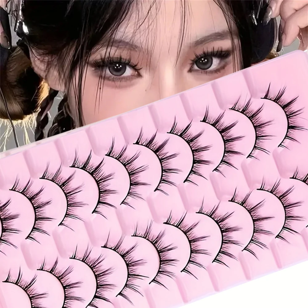 10 Pairs of Devilish Style Anime False Eyelashes C-Curls, Natural and Dramatic Effects, Transparent Stem Reusable Eyelashes