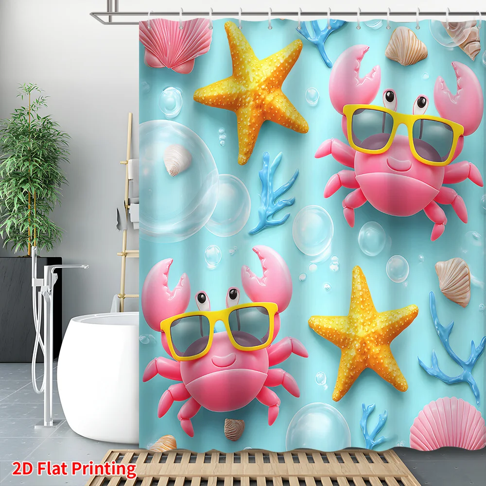 

Cute Cartoon Ocean Sea Life Starfish Crab Shower Curtain Waterproof Bathroom Decor Printed Curtain 90x180cm