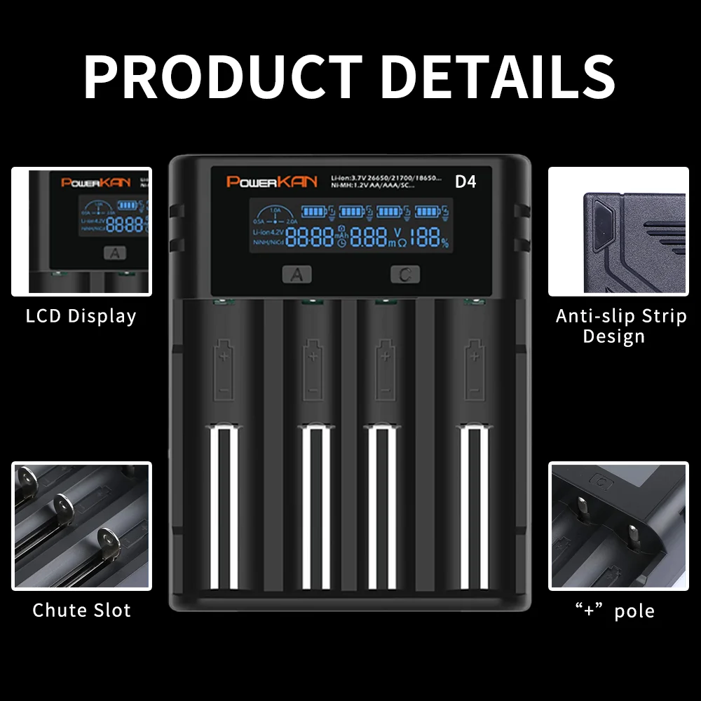 POWERKAN D4 Battery Charger for 1.2V Ni-MH/Ni-CD and 3.6V/3.7V Li-ion LED Screen Automatically Detect Type/Power/Current