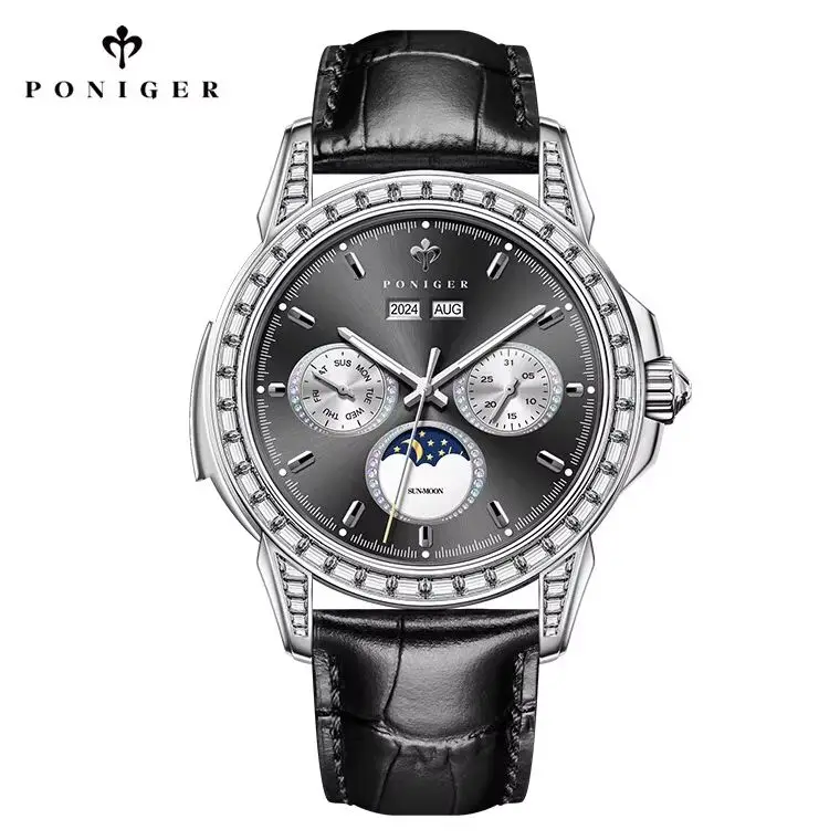 PONIGER Men Automatic Watch 42mm Mechanical Wristwatch Waterproof Sapphire Mirror Multi-Dials Year Month Week Date Sun-Moon