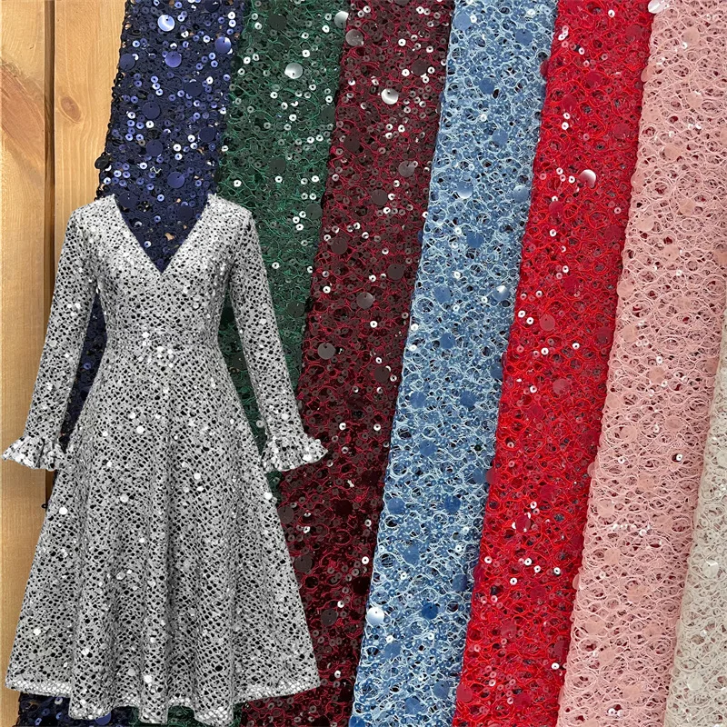 

Lace Fishing Net Children's Dress Fabric Wedding Evening Dress Spring Summer Polyester Stage Dress Sequin Embroidery Fabric