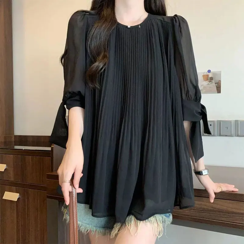 Casual 3/4 Sleeve Drawstring Shirt Women\'s Clothing Solid Color All-match 2024 Summer Fashion Pleated Korean Round Neck Blouse