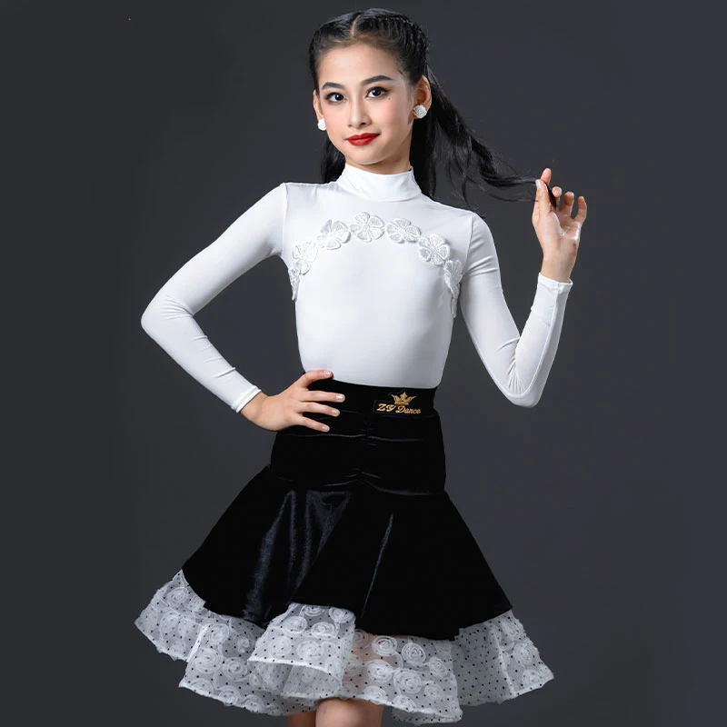 

New Latin Dance Dress Children'S Dancing Clothes Ballroom Performance Dance Dresses For Girls White Top Velvet Skirts SL7560