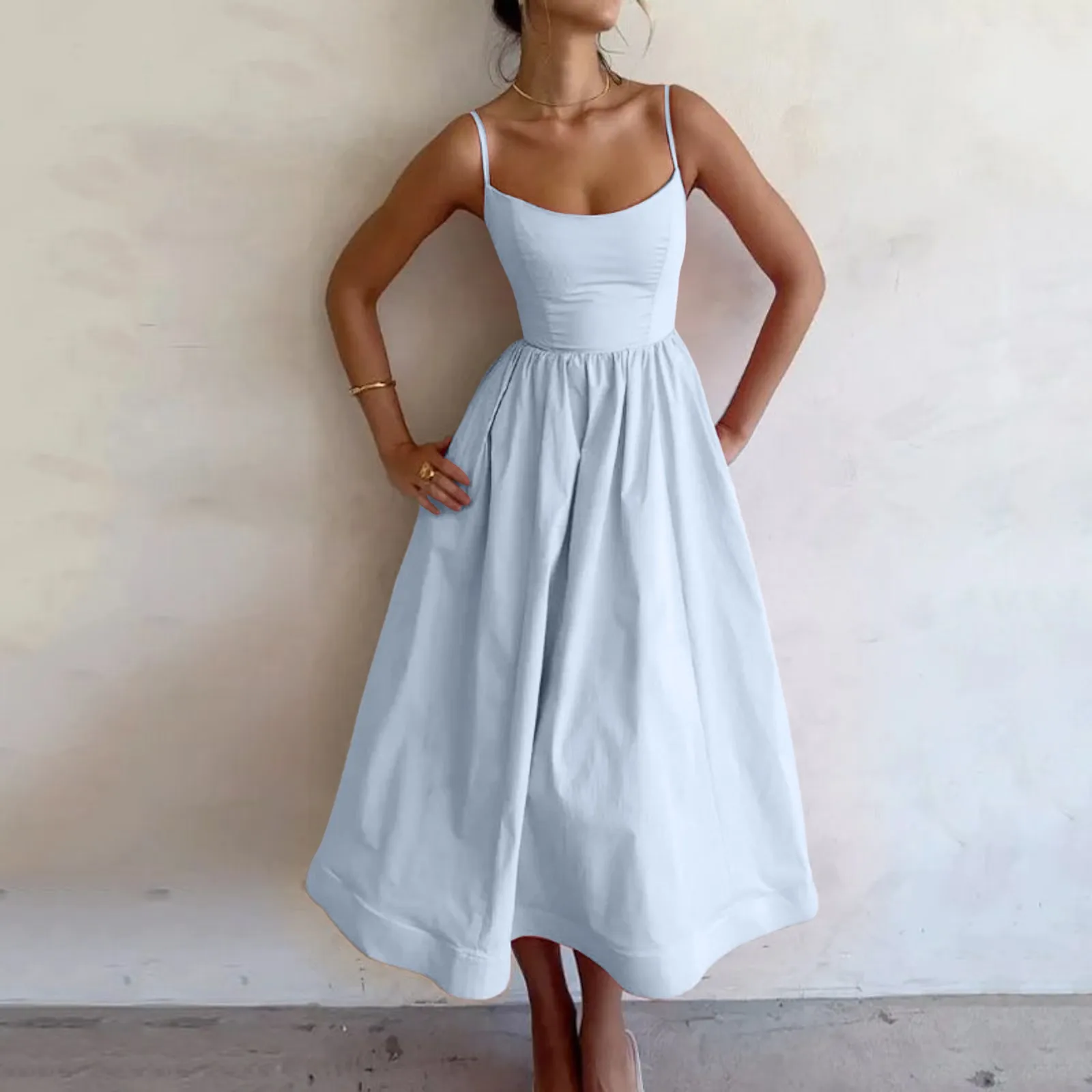 

Sleeveless Elegant Pleated Sling Midi Dress Summer Solid Color Backless Sexy A Line Dresses Women High Waist Slim Vacation Dress