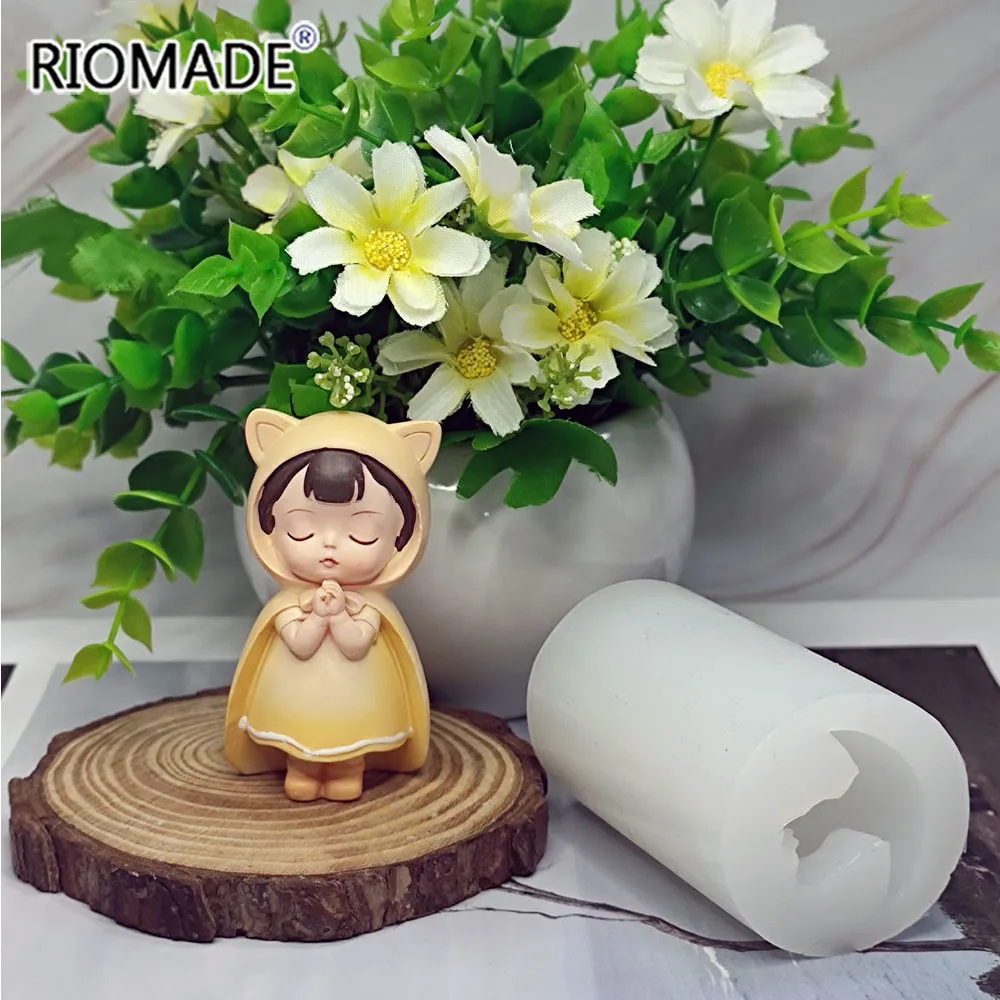 Cat Ear Hat Hands Praying Girl Model Baking Silicone Mold Car Mounted Aromatic Gypsum Ornaments Cute Little Girl Candle Mould