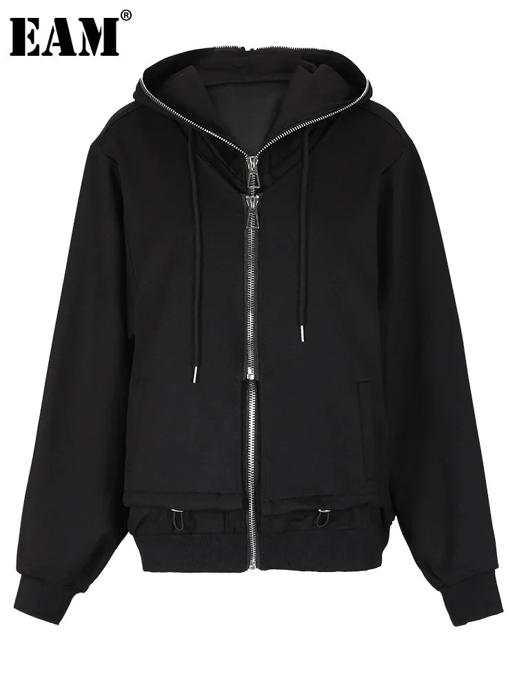 

Женская куртка с капюшоном [EAM], черная Толстая куртка большого размера с двойной молнией и длинным рукавом CPG0616, новинка сезона весна-осень 2024