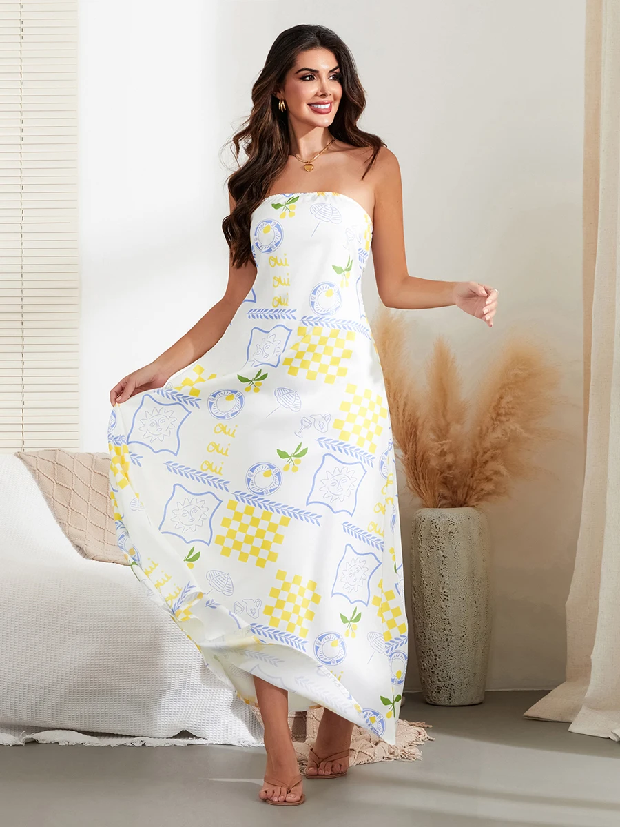 

Vacation Dresses for Women Boho Graphic Print Off Shoulder Strapless Sleeveless Tube Long Dress