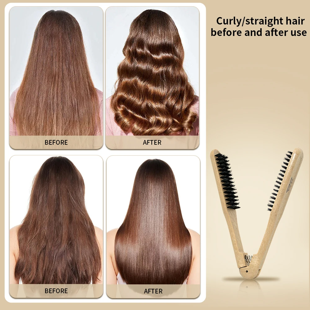 Professional Barbershop Wooden Handle V Type Hair Straightener Comb Double Brushes Hairdressing Comb Anti-static Styling Tools gallery 3