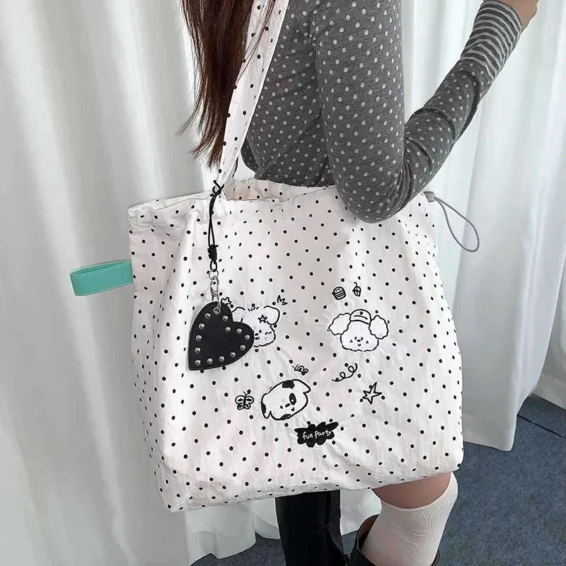 Cute Cartoon Puppy Embroidery Tote Bag New Korean Polka Dot Shoulder Bag Large Capacity Lightweight Shopping Commuter Hand Bag