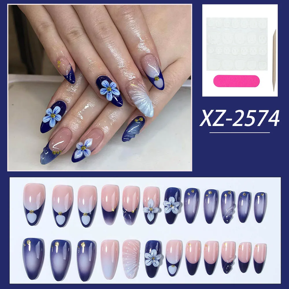 Élevez votre style avec, 24 pièces de longs ongles 3d en amande, fabrique des ongles en fleurs avec un design scintillant, pointe française, presse sur les amandes