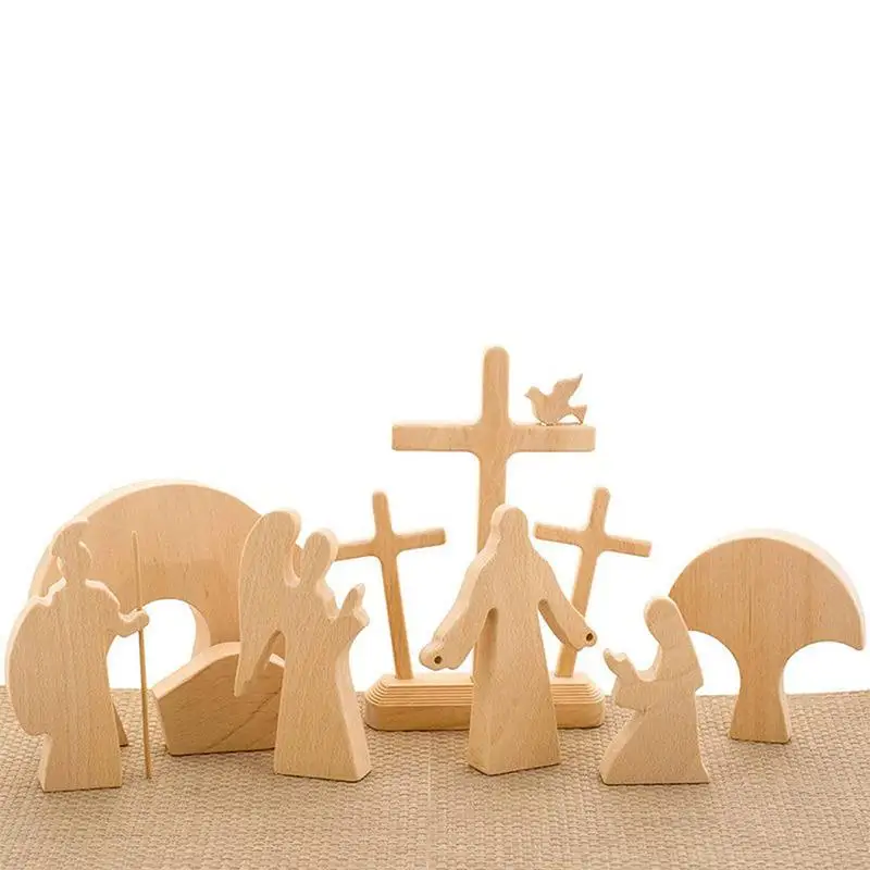 Easter Resurrection Scene Set Wooden Crafts Nativity Scene Collectible Figurines For Home Table Easter Decoration