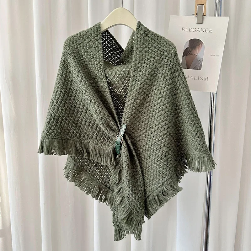 Cachecol atado monocromático, capa borla com xale versátil, capa poncho, camisola verde, calor, calor, novo, outono e inverno