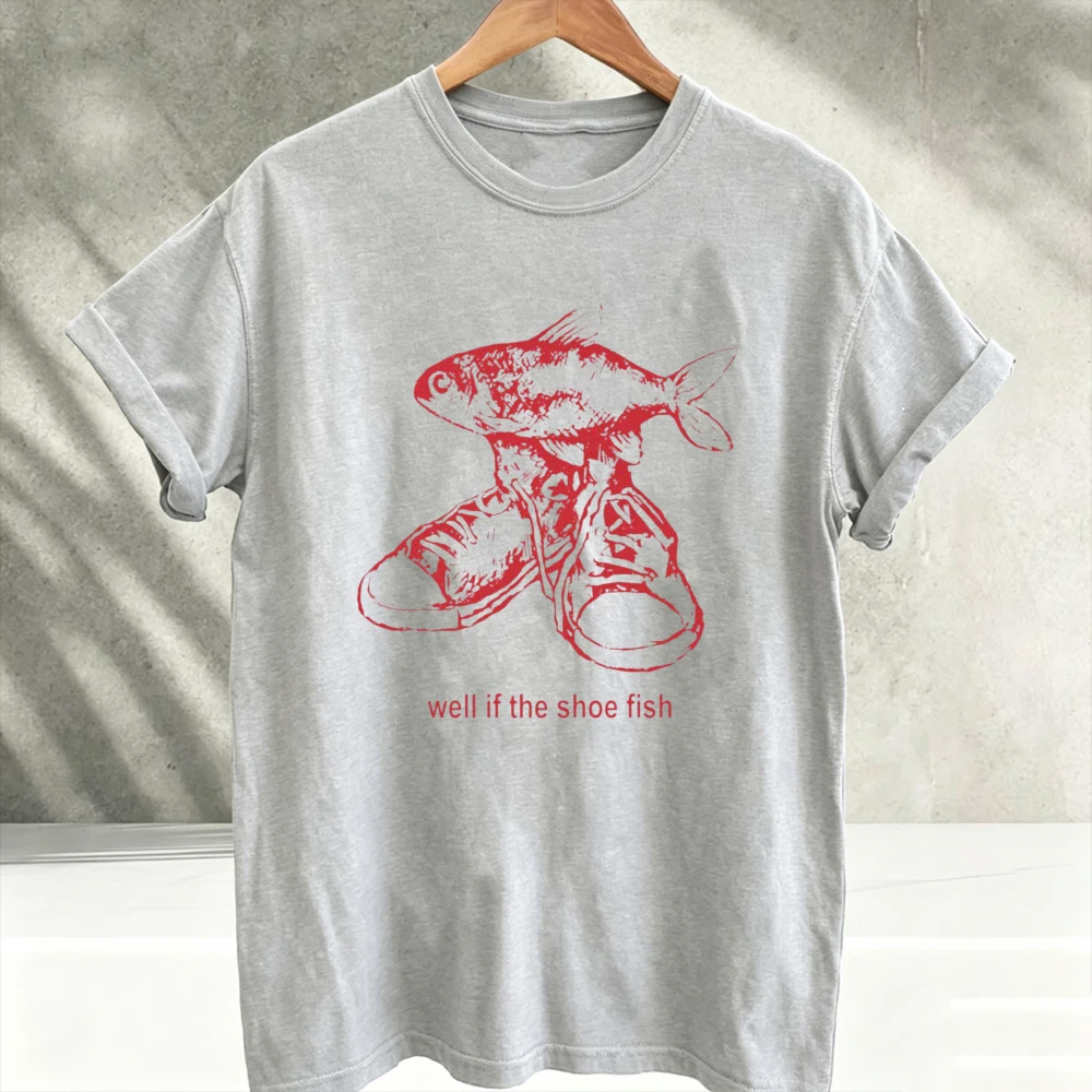 Well If The Shoe Fish Pun Red Sketch Fish Sneakers Graphic T‑Shirt Funny Wordplay Meme Ocean Fish Shoe Vintage Print Streetwear