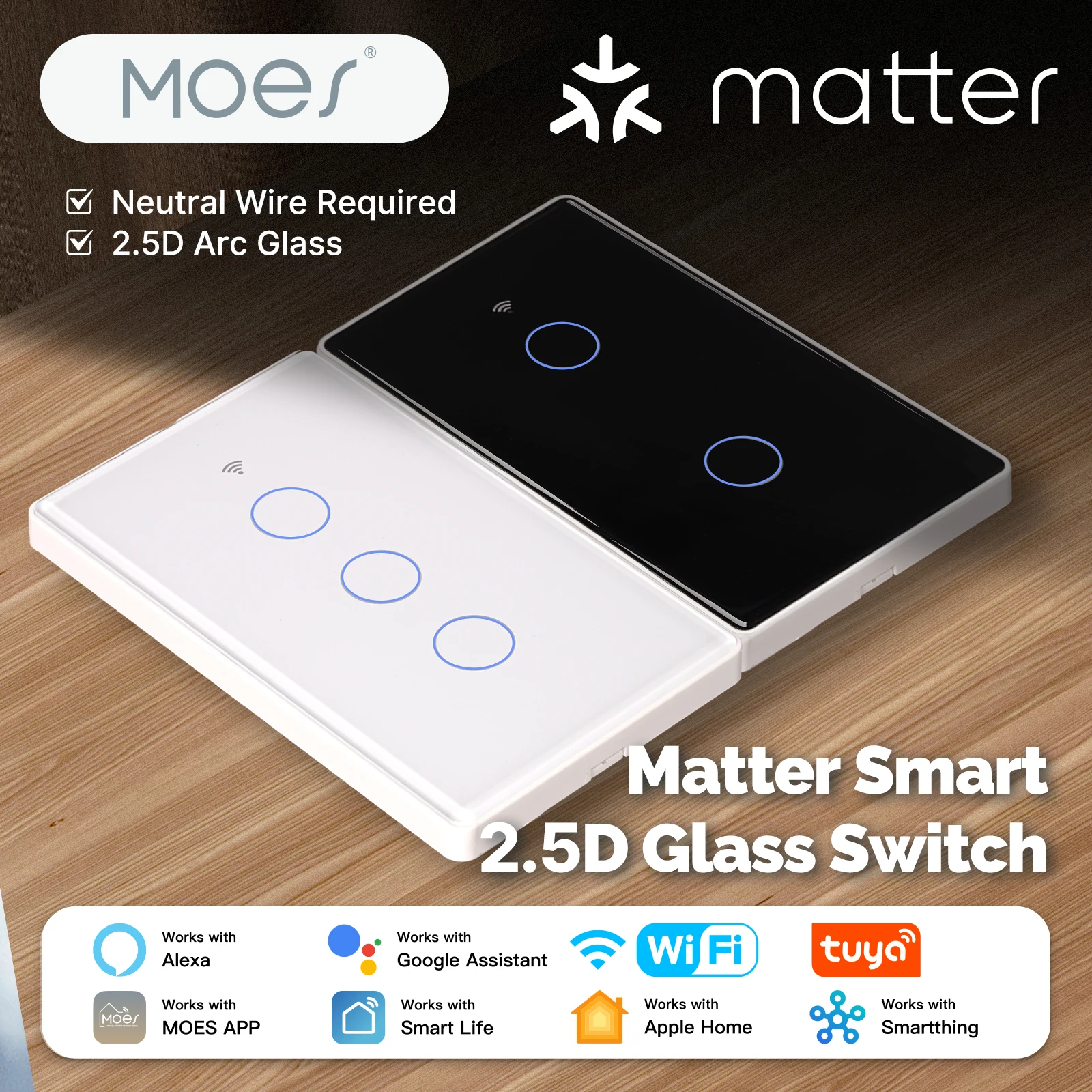 

MOES Tuya Matter WiFi Smart Light Switch 2.5D US Verison Neutral Wire Required With Alexa Google Home Apple Homekit Smartthings