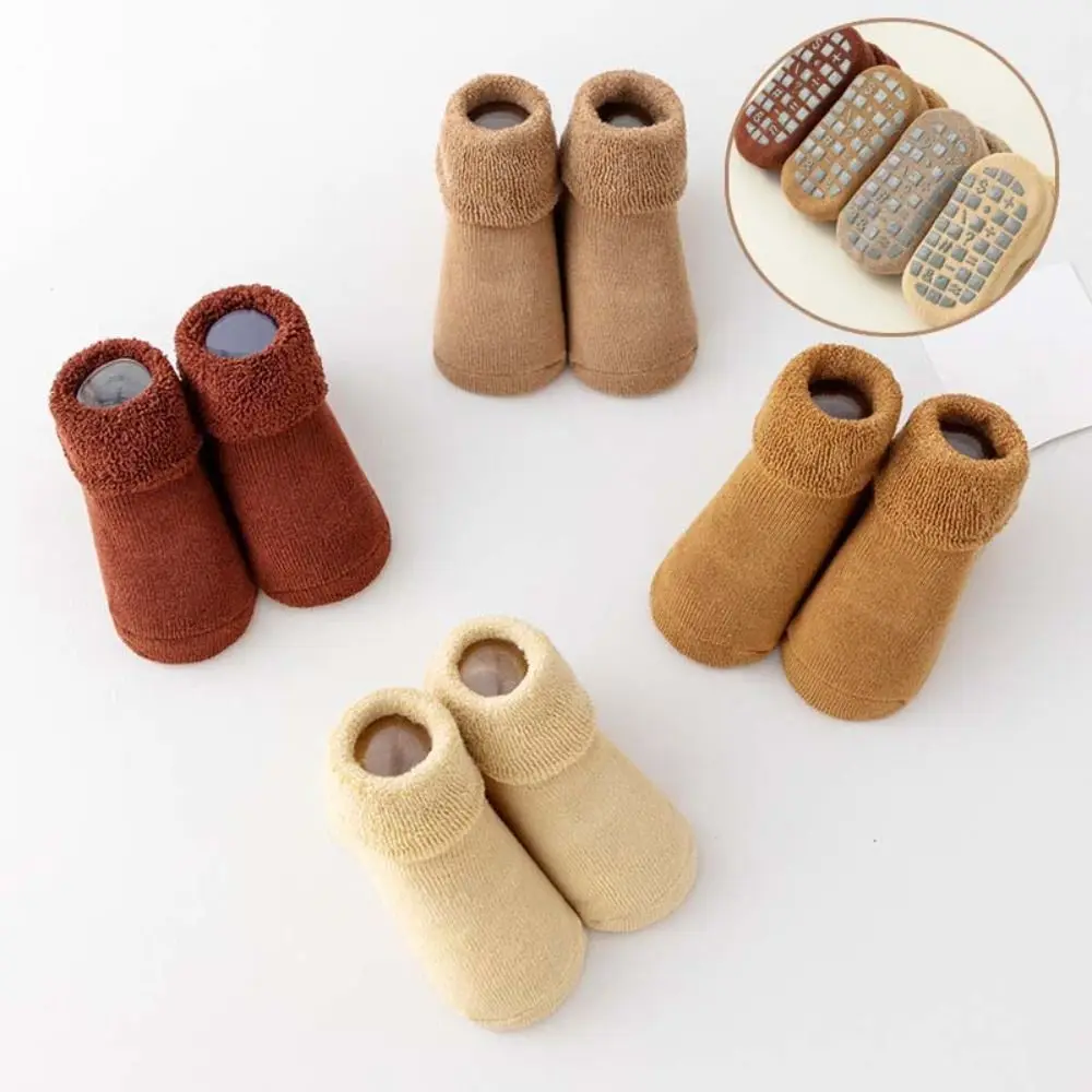 4Pairs Solid Color Thicken Baby Socks Warm Winter Autumn Infant Learning Walk Socks Anti-slip Baby Hosiery Home Sleep Socks