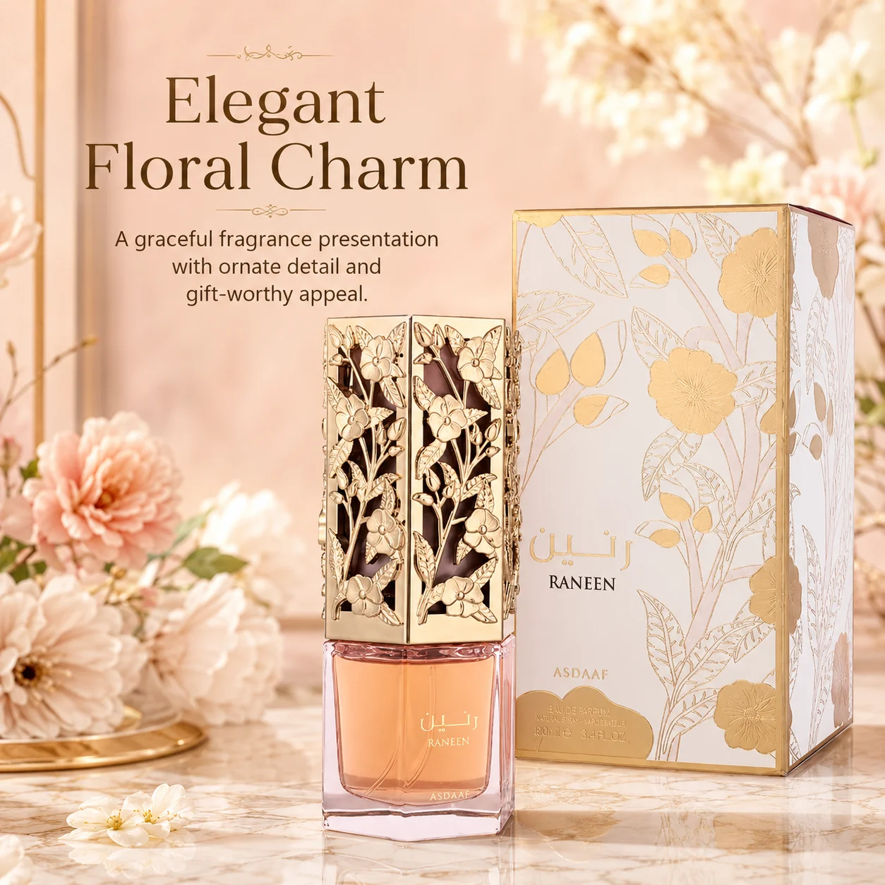 

Soft Floral Ladies Perfume Pink Clear Hexagon Glass Bottle Ornate Hollow Gold Flower Vine Cover Delicate Sweet Floral Musk Scent Premium White Gold Floral Embossed Coordinated Gift Box For Women Daily Formal Wear