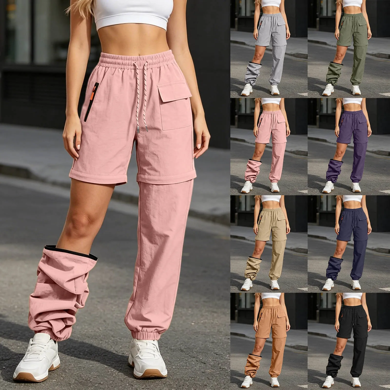 Women Elastic Waist Drawstring Zip Off Pants With Pockets Convertible Quick Dry Detachable Hiking Trousers Athletic Cargo Pants