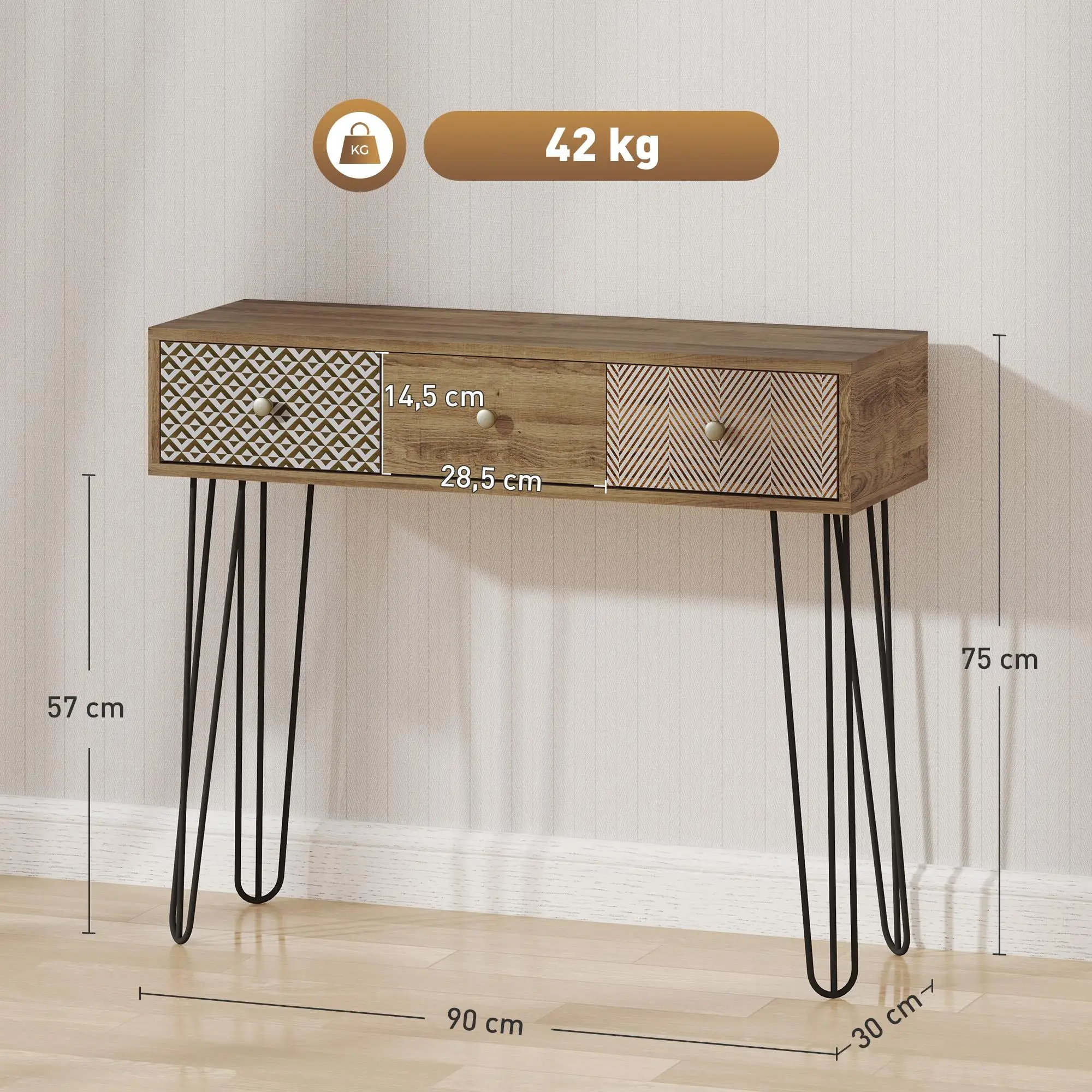 Mesa consola HOMCOM con 3 cajones, patas de acero tipo hairpin, 90x30x75cm Marrón