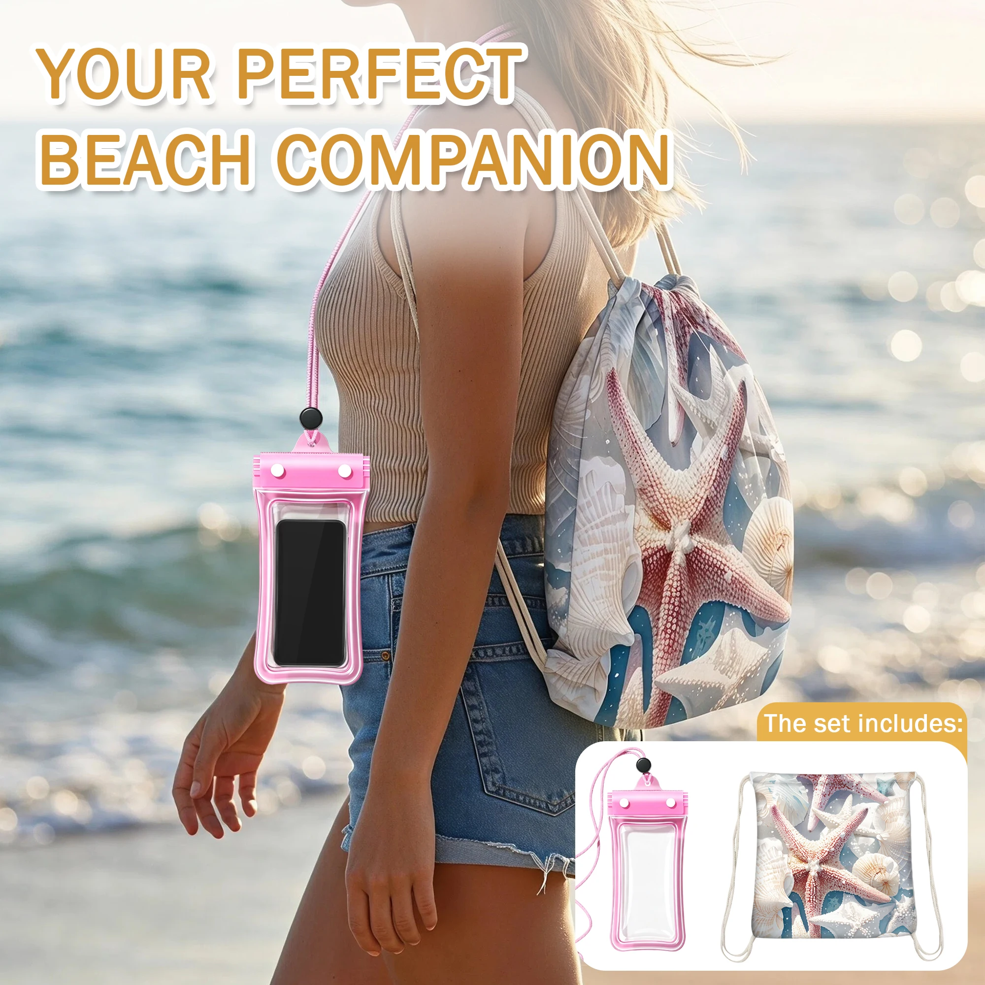 Watercolor Starfish and Seashell Print Beach Towel with Drawstring Pouch—A Quick-Drying, Portable Bath Towel Backpack Waterproof Phone Pouch, a Must-Have for Swimming and Taking Photos—Perfect for Beach Camping, Travel, and Vacations.