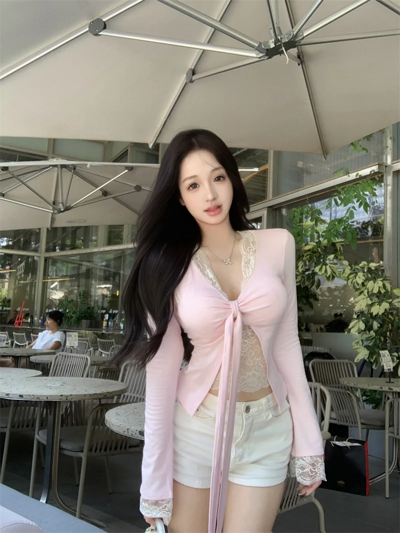 Ele الدانتيل المرقعة طويلة Sve تي شيرت التخسيس طبقة قاعدة المرأة Faion الخريف 2025 Sle لون غير رسمي #2