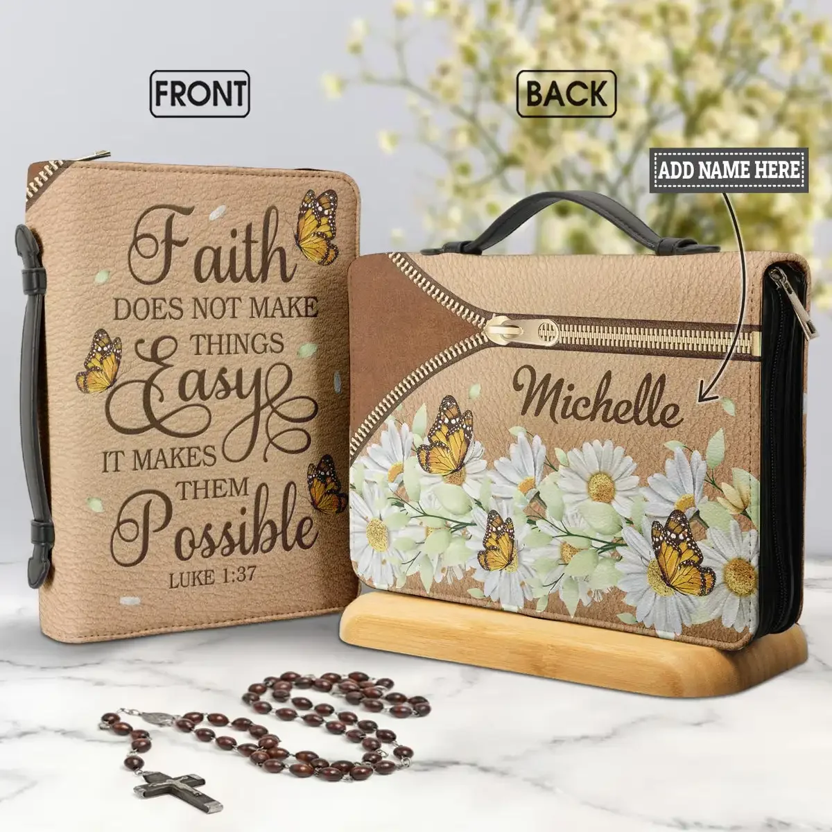 New Women's Personalized Bible Cover Little Daisy Butterflies Bible Verse Print Ladies Book Holy Storage Boxes Leather Handbags