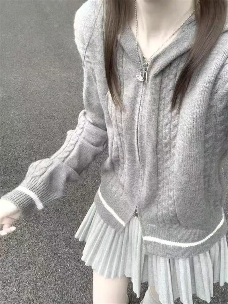 

Cardigans Fur Sweaters Womens Winter Harajuku Curve Chunky Fitted Bling Front-Open Pretty Collar Sweetheart Ladies Flap Rib-Knit