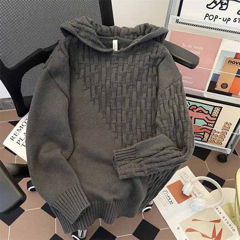 American autumn and winter men and women trend woven design hooded sweater couple loose retro gray loose casual top harajuku y2k