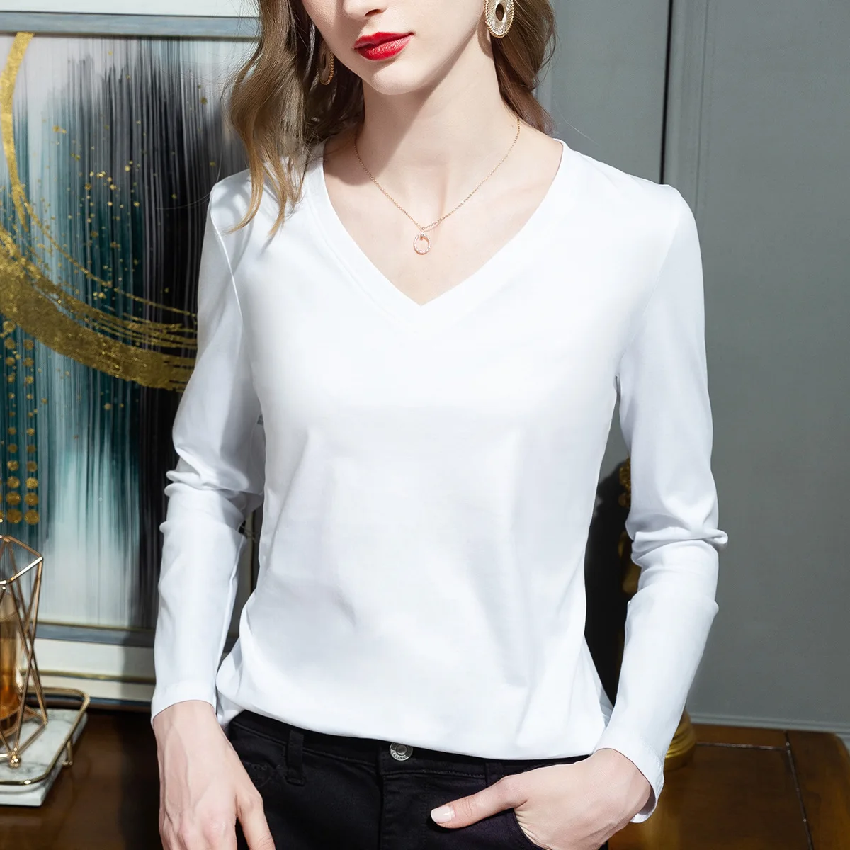 New 2025 Simple Cotton Women's T-shirt Pullover V-neck Loose 80 Mercerized Cotton Long-sleeved Women T-shirt Top Tees