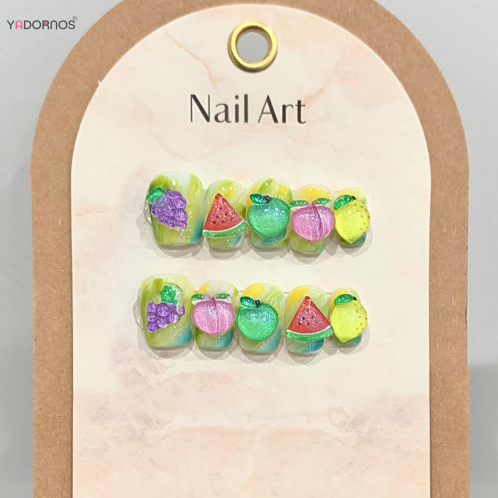 Uñas postizas 3D hechas a mano para manicura, 10 piezas, verde, amarillo, uva, sandía, melocotón, limón, manzana