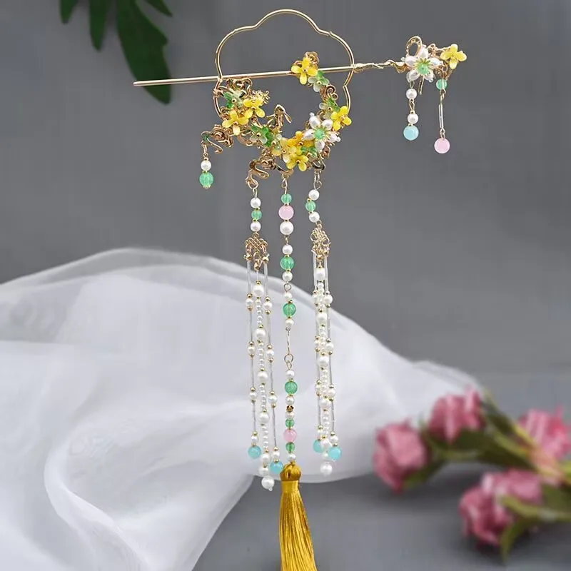 Women's Hairstick Yellow Flowers With Beaded Fringe Hair Bundle Chinese Headdress