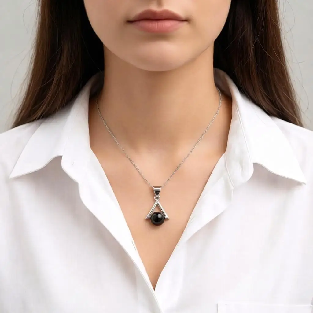 Simple 925 Sterling Silver Triangle Shape Black Ball Pendant Necklaces for Women Girls Anniversary Party Jewelry Gifts Accessory