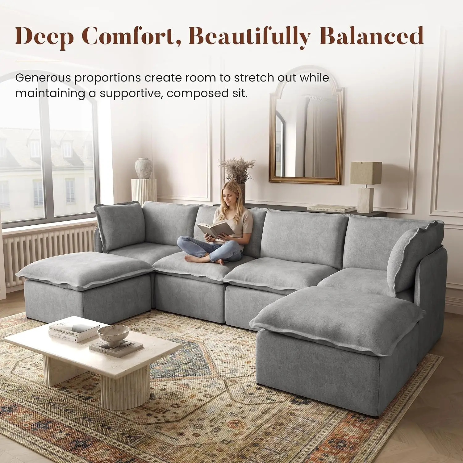 Modular Ottoman Footrest for Sectional Sofa, Upholstered Gray Fabric, Customized
