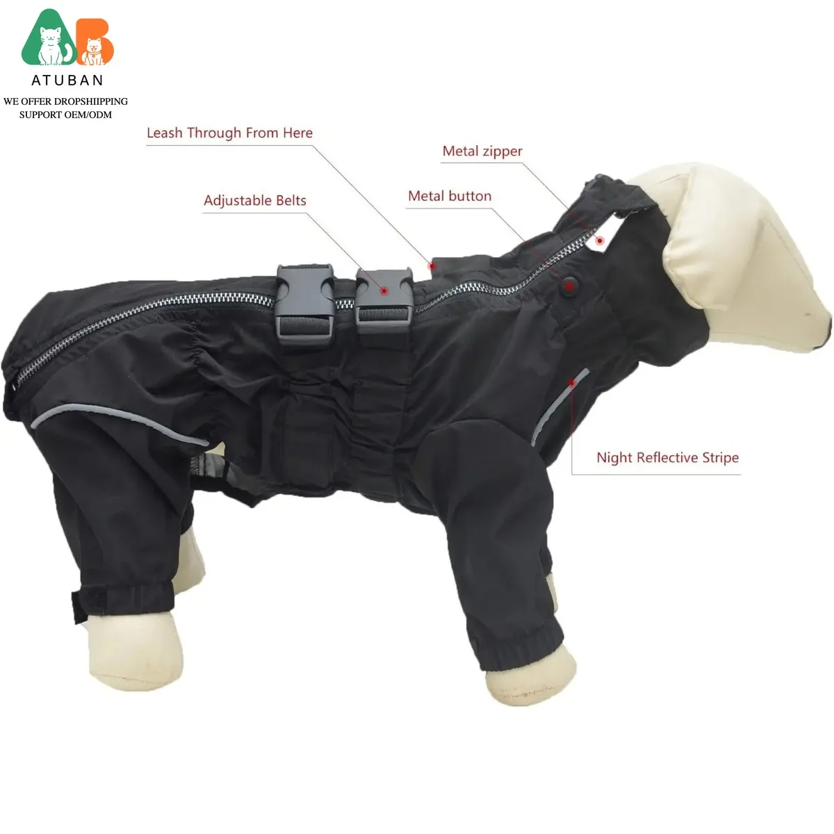 ATUBAN Waterproof Jacket, Lightweight Reflective Safety Dog Raincoat Windproof Snow-Proof Dog Vest for Small Medium Large