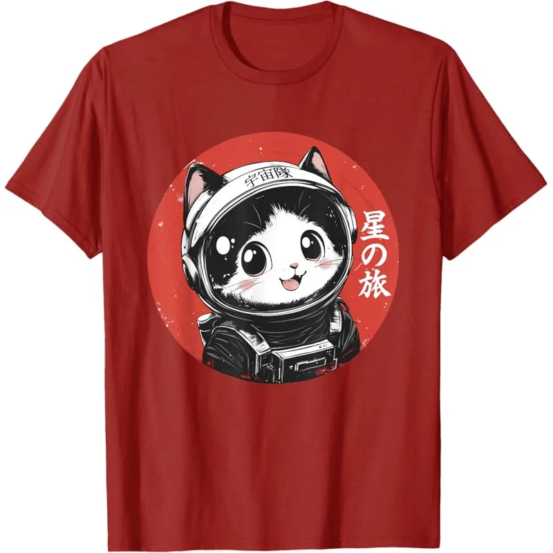 Camiseta con gráfico de gato espacial, camiseta de anime de arte japonés Kawaii de astronauta