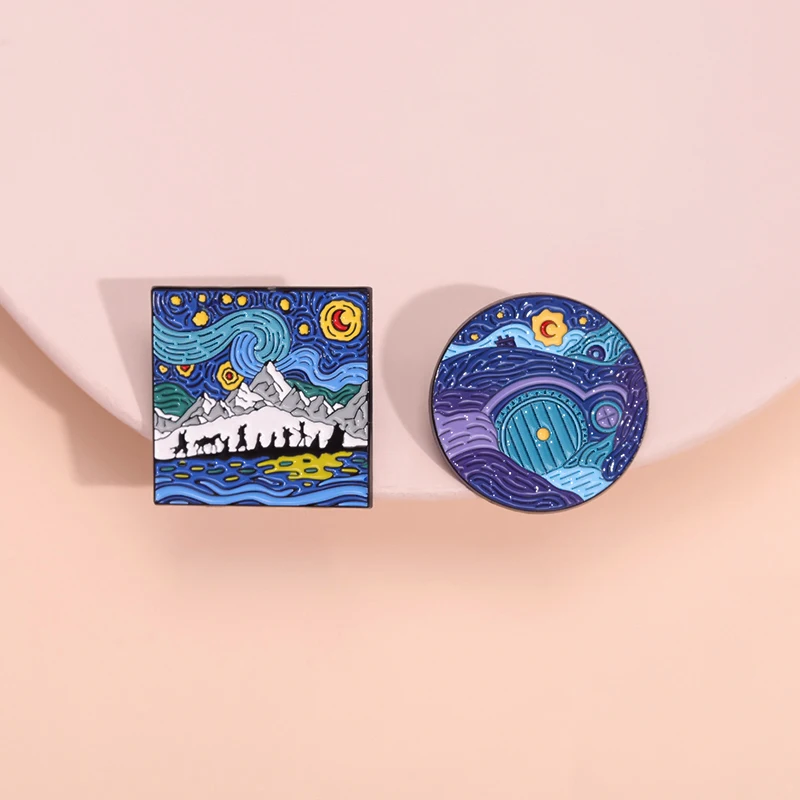 Van Gogh Oil Painting Enamel Pin Creative Anime Night Starry Sky Art Metal Brooches Lapel Badge Jewelry Gifts For Friends