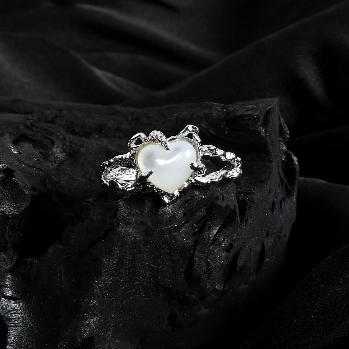 F.I.N.S الملمس على شكل قلب S925 فضة خاتم الحد الأدنى نمط غير النظامية الحب القلب مفتوحة قابل للتعديل فنجر غرامة مجوهرات #3