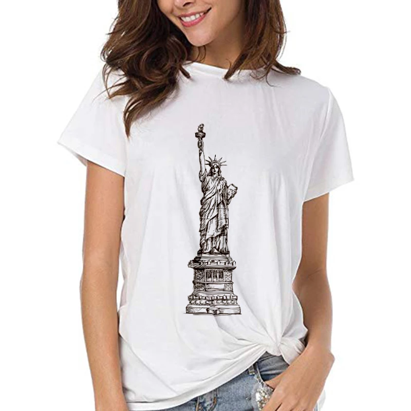 New Summer Tshirt Statue of Liberty Printed Tops Female Clothing Thin Section T shirt Women Harajuku White T-shirt Short Sleeve