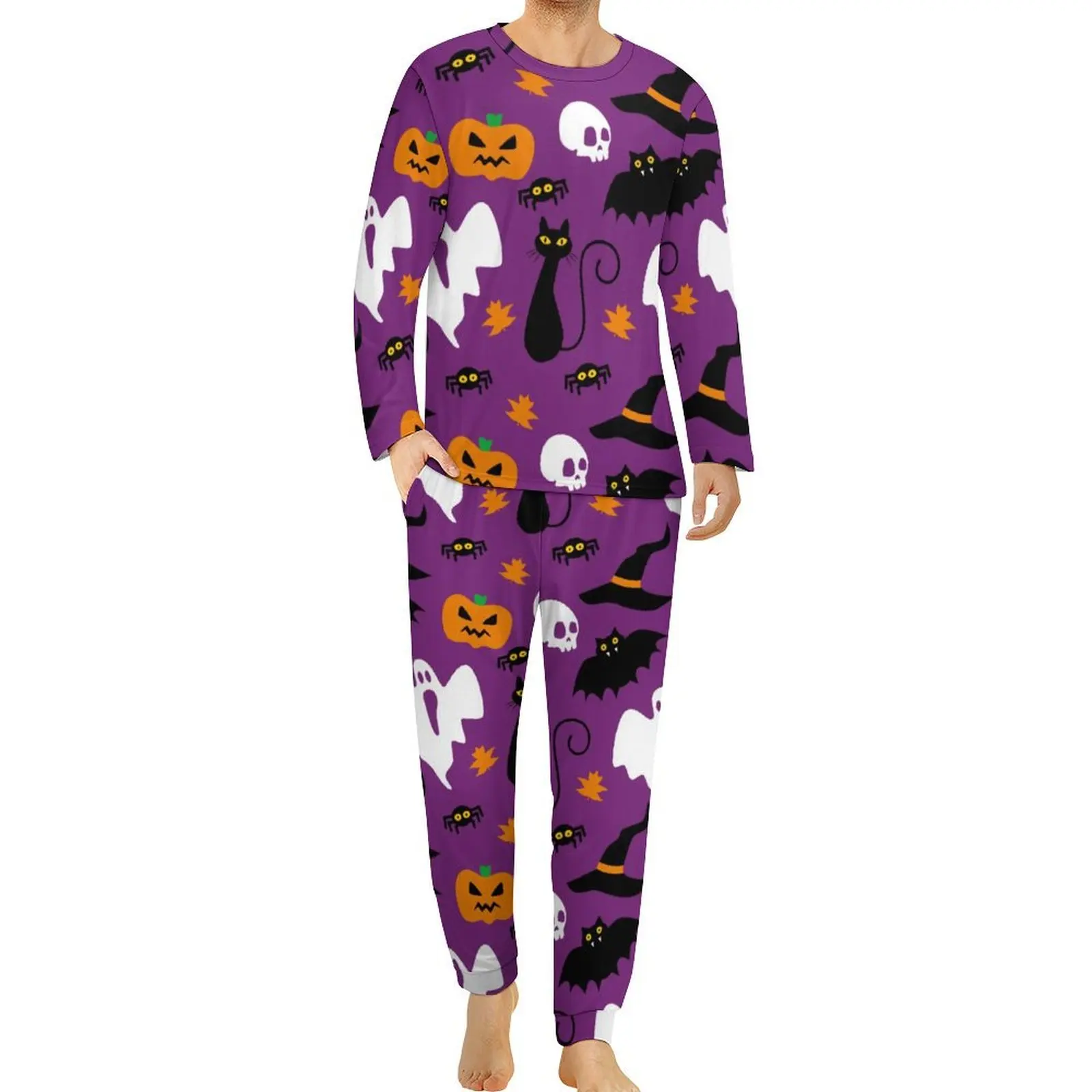 Spooky Ghost Pajamas Long-Sleeve Cute Halloween Print 2 Pieces Casual Pajama Sets Autumn Male Graphic Elegant Big Size Nightwear