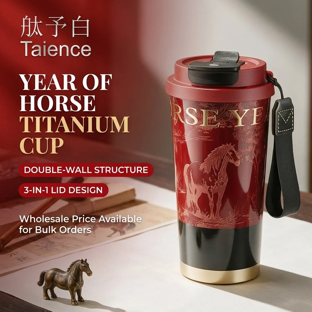 Taience Year of Horse Titanium Coffee Cup 520ml Insulated Thermos with 3 in 1 Lid Tea Infuser Leak Proof Gift Box