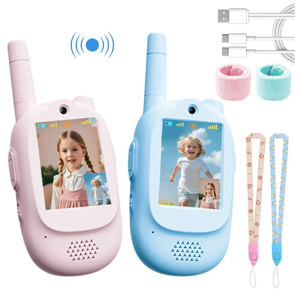 วิดีโอวอล์คกี้ทอล์คกี้สำหรับเด็ก 2 ชิ้น ของเล่นเด็กแบบชาร์จได้ สำหรับการตั้งแคมป์ในร่ม การเดินทาง ของขวัญวันเกิดสำหรับเด็กอายุ 3-12 ปี