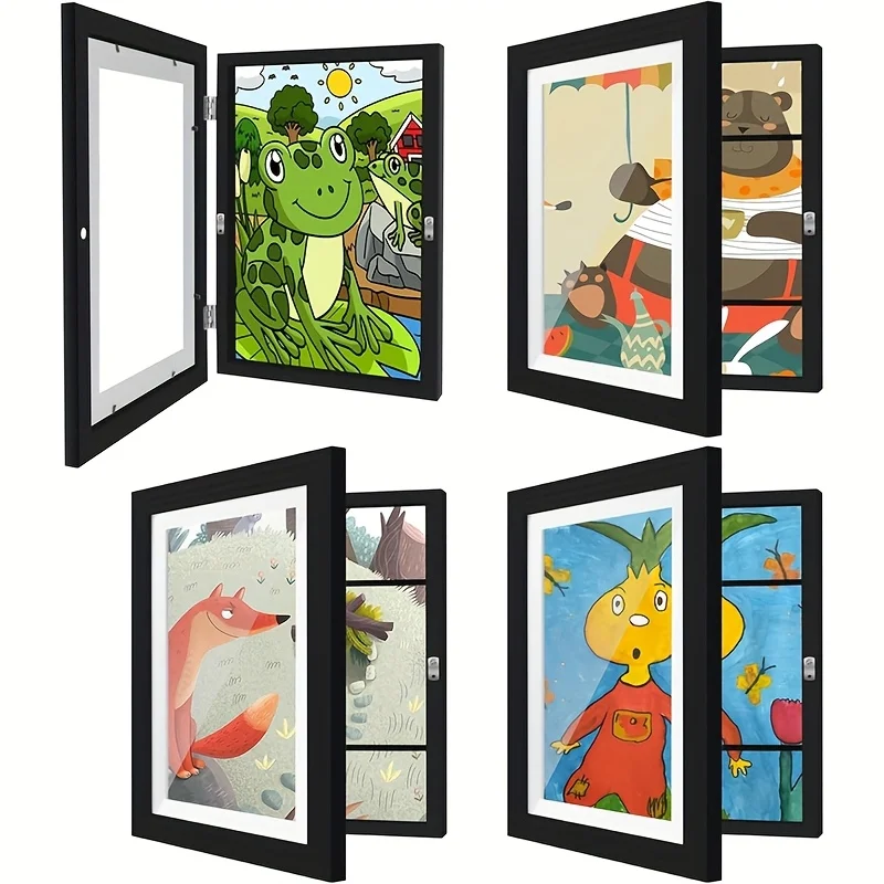 Multifunctional Magnetic Front-Opening Wooden Children's Art Frame - Safely display drawings, photos, and 3D creations; supports