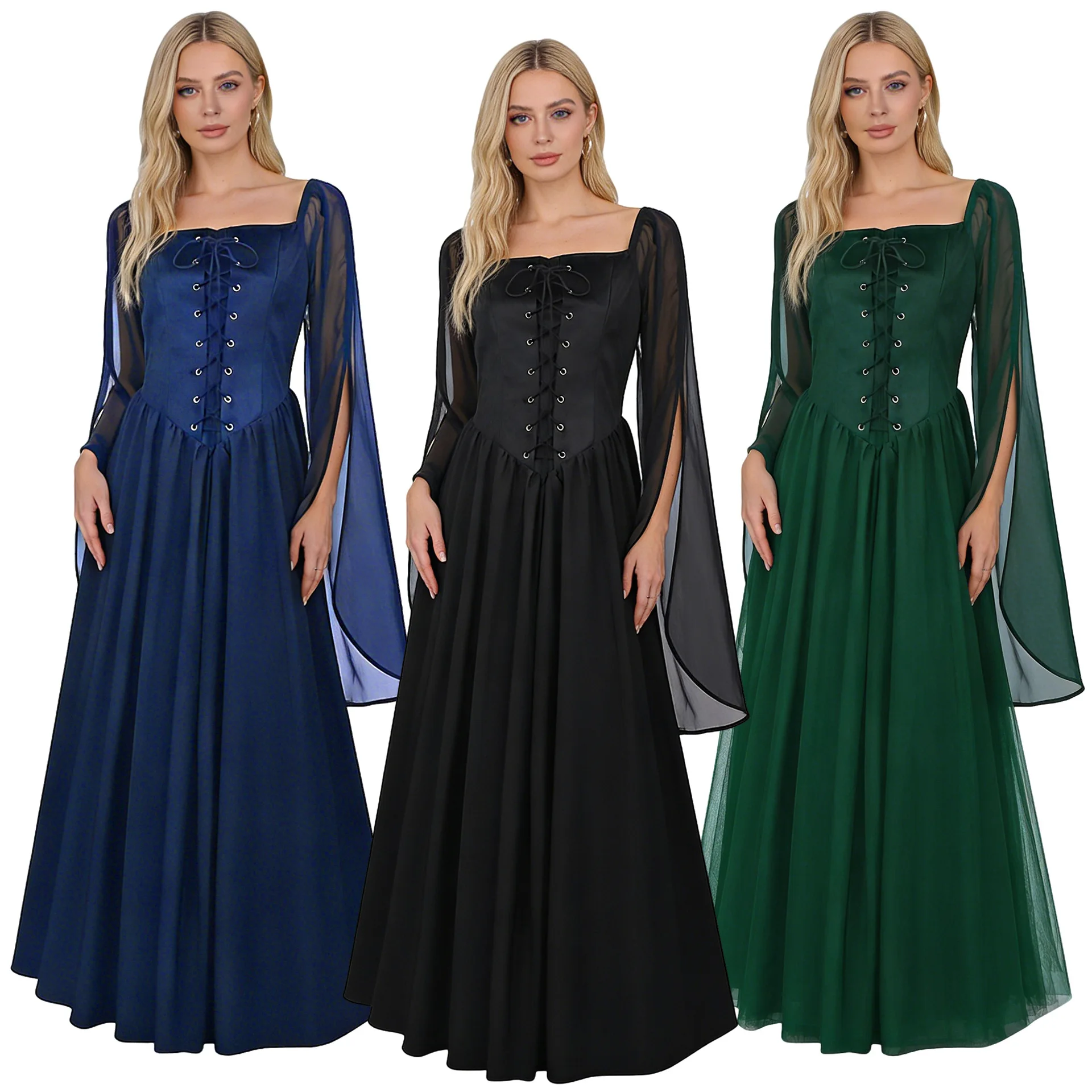

Gothic Victoria Medieval Vintage Costume Halloween Cosplay Women's Elegant Square Neck Tie Waist Flared Swing Dress for Female