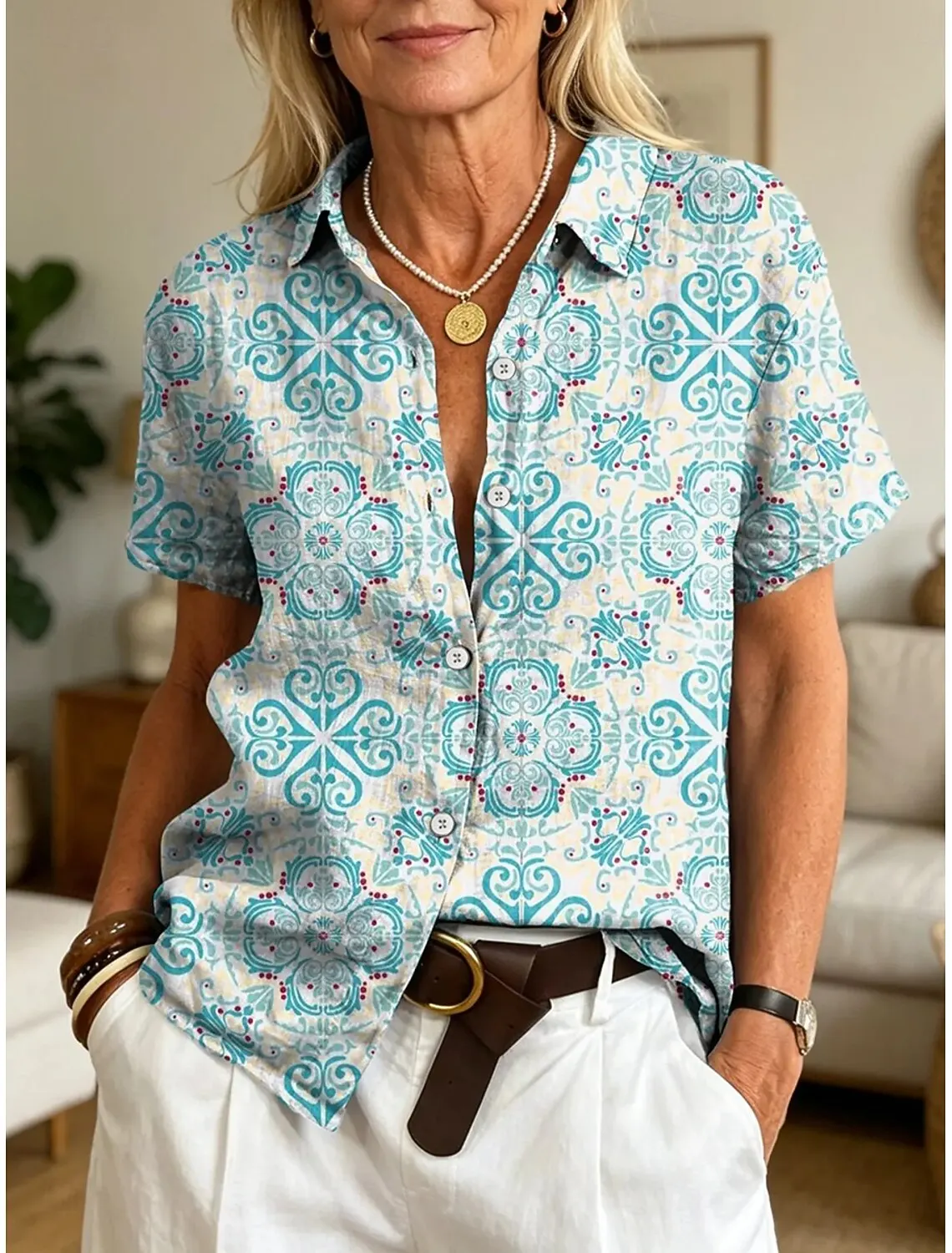 

Women's Moroccan Tile Print Button-Up Shirt, Casual Loose Blouse for Spring Summer Daily & Stylish Wear