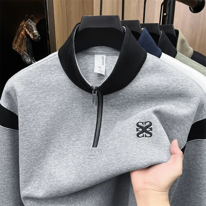 Men's Half Zipper Stand Up Collar Sweatshirt for Autumn and Winter, Simple Inner Layer, Long Sleeved Base Shirt, Top