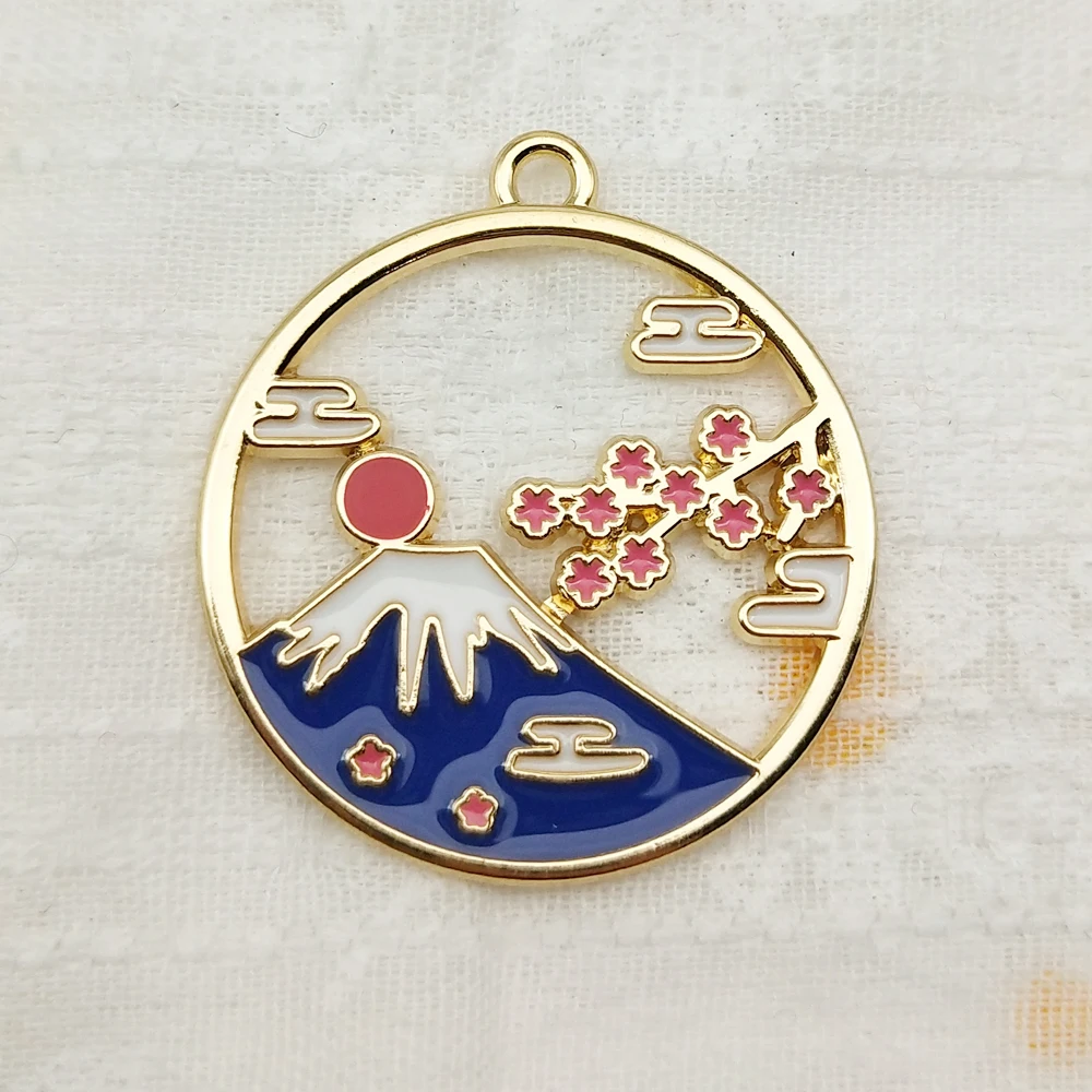 10pcs Mount Fuji Sakura Charm Jewelry Accessories Enamel Earring Phone Keychain Pendant Diy Making Alloy Metal Gold Plated