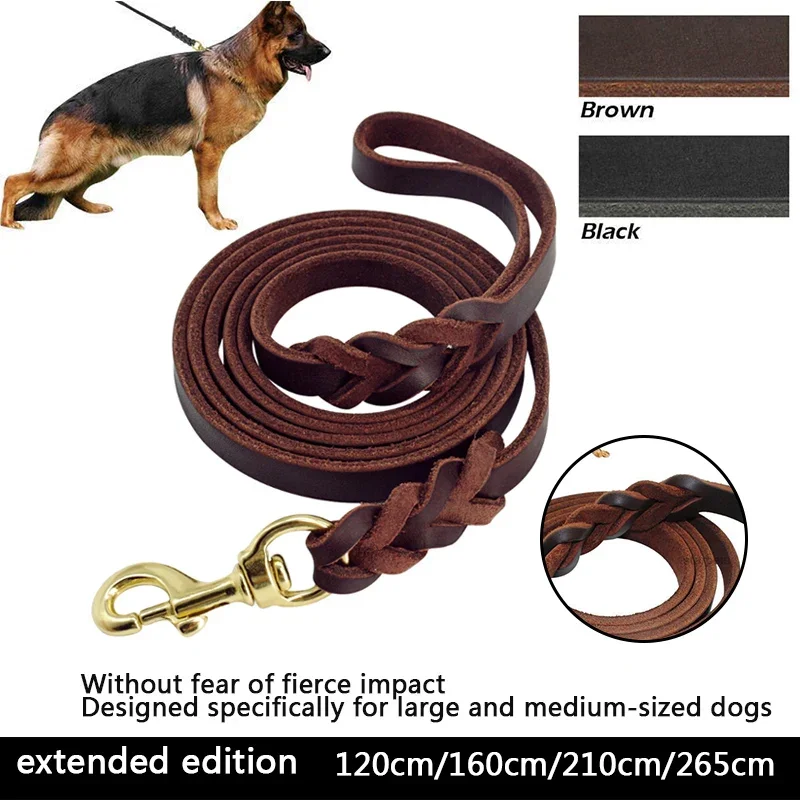 Dog Leash Long Genuine Leather Dogs Leashes Braided Pet Walking Training Leads Brown Color For Medium Large Dog Strong Heavy Pet