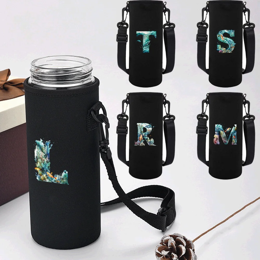 ポータブル 750ML/1000ML/1500ML スポーツウォーターボトルカバー 調整可能な断熱バッグ 魚の文字プリント 旅行用ウォーターボトルケース