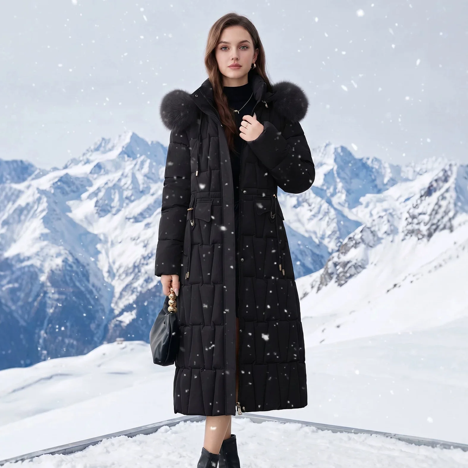 Elegant Winter Fur Hooded Down Jackets Women Clothes Cotton Padded Coat Warm Thick Long Parkas Winter Women Snow Puffer Jacket