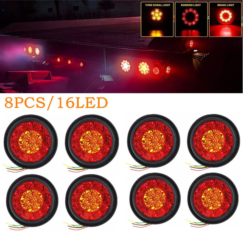8PCS Round Lights 16 LED Tail Lamp Truck Turn Signal Light Trailor Pickup Brake Parking Driving Lamp Side Indicator Tail Lights