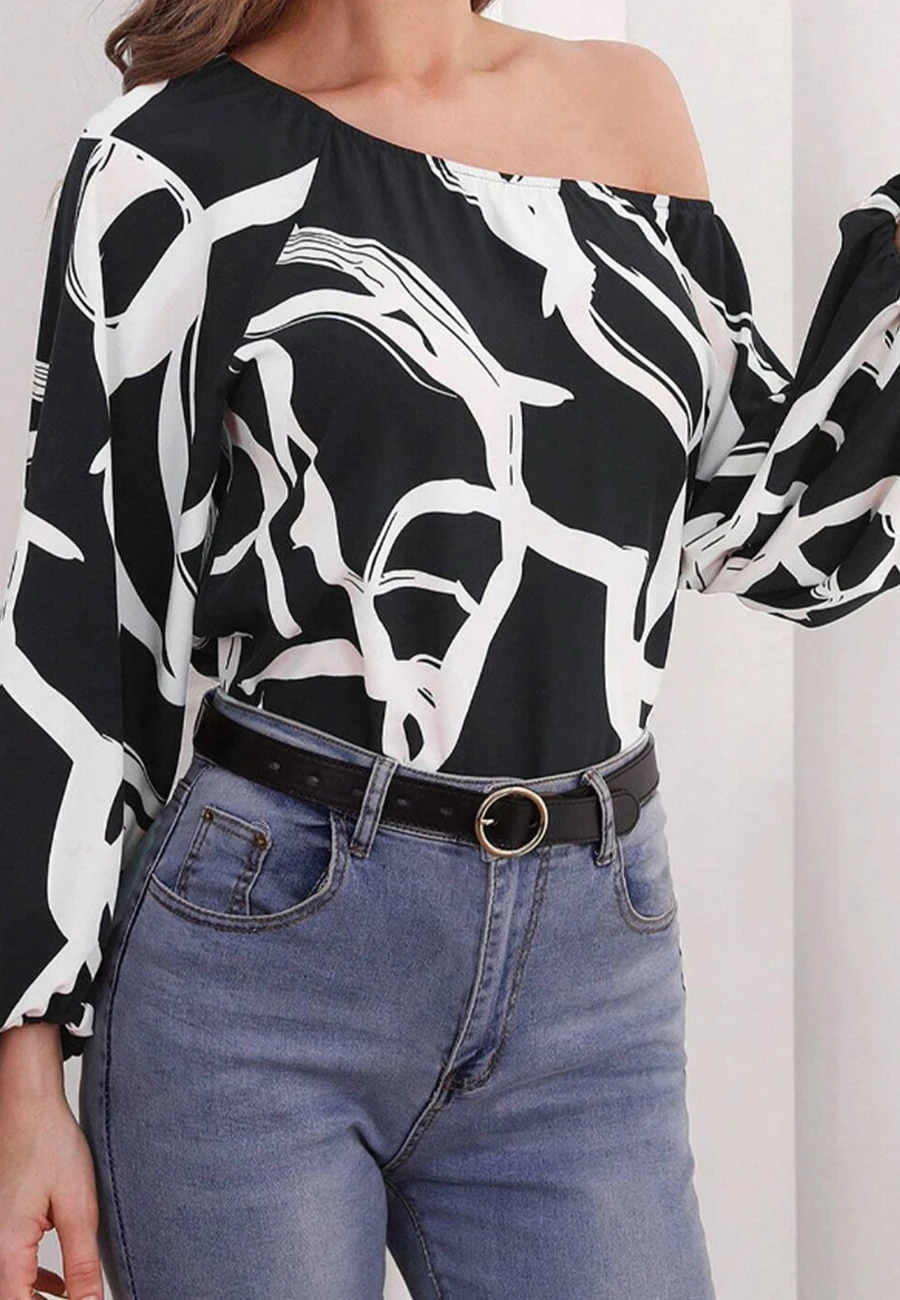 Two Tone Printed Asymmetrical Off Shoulder Balloon Long Sleeve Top One Shoulder Blouse for Women